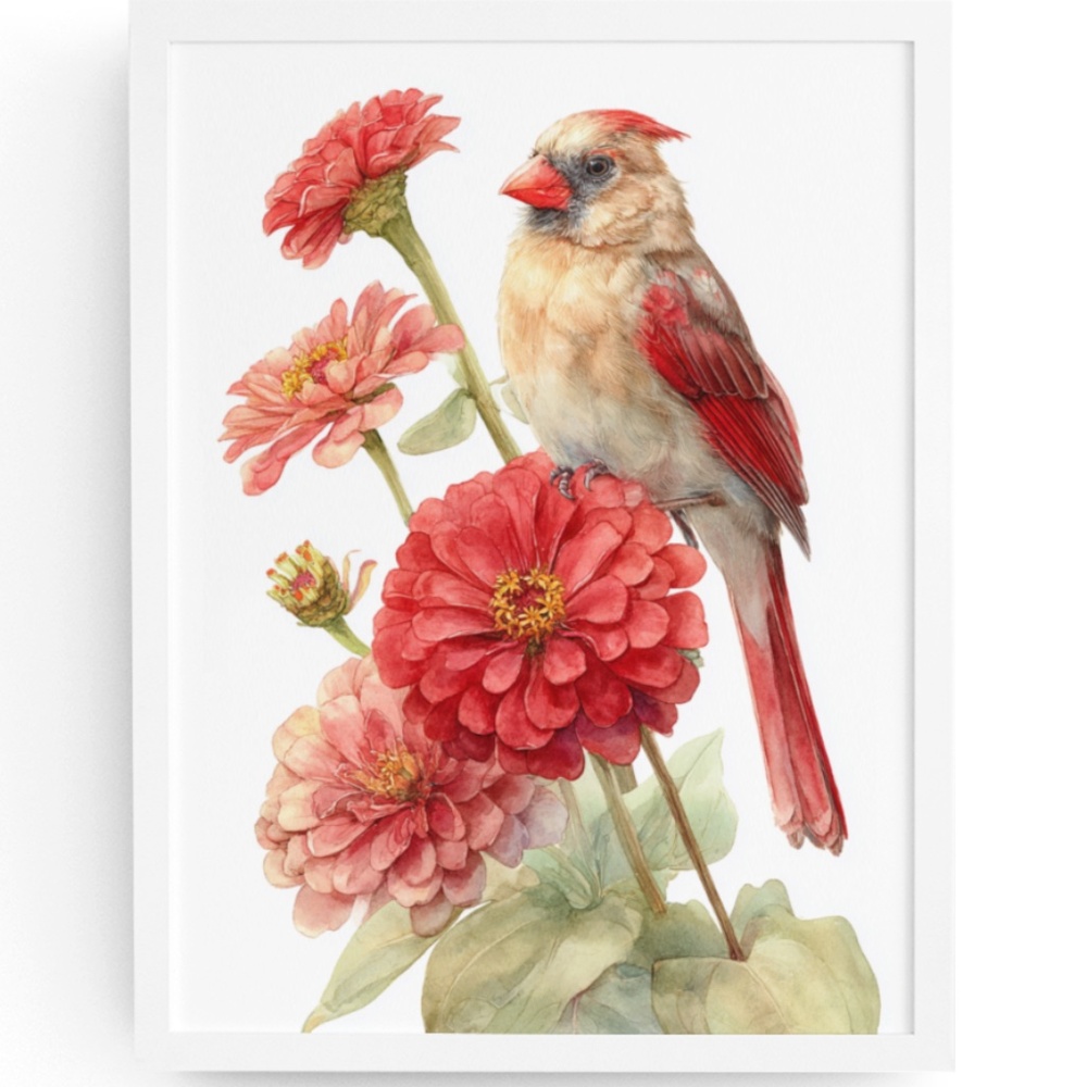 Watercolor Female Cardinal Bird with Zinnia Flowers Wall Art Print Unframed
